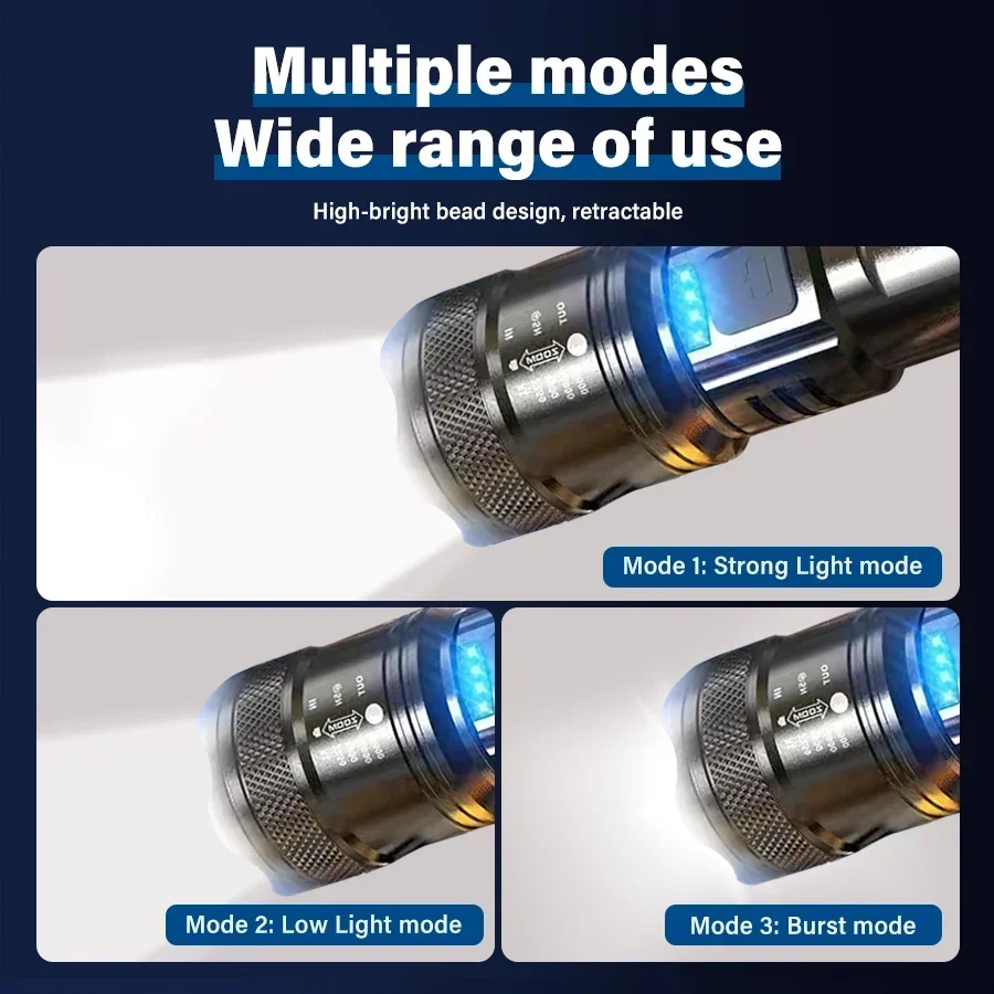 ไฟฉาย LED พลังสูง4ชิ้น, ไฟฉายยุทธวิธีซูมแบตเตอรี่ในตัวชาร์จไฟ USB โคมไฟกันน้ำสว่างเป็นพิเศษโคมไฟ