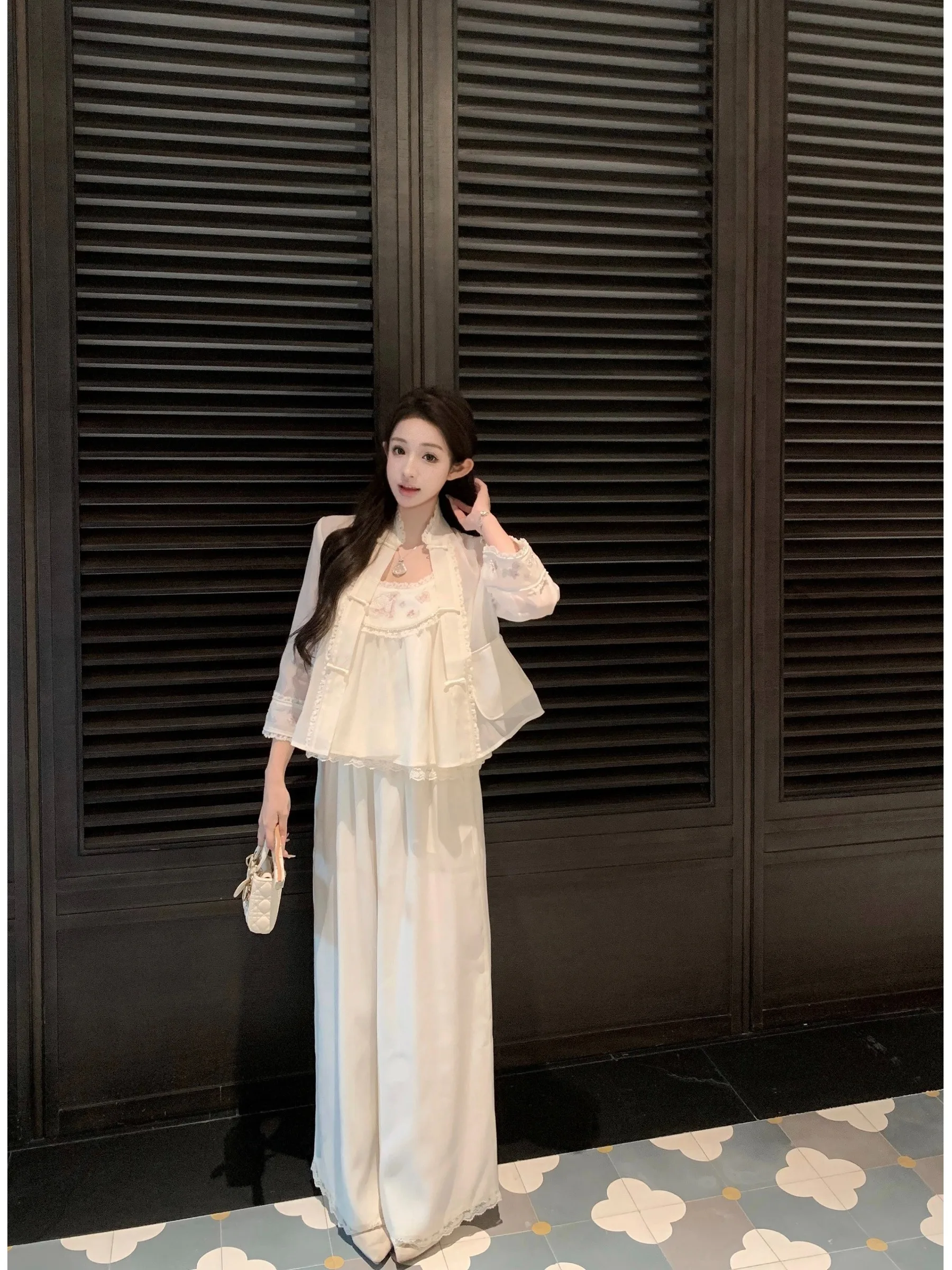 

New Chinese Style Fashion Set Women's Spring 2026 Embroidered Button Wide Leg Pants Three Piece Set High Waist Long Pants