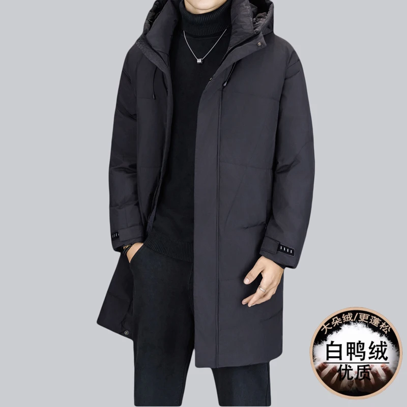 Luksusowa męska długa kurtka puchowa z kapturem na zimę 2025, ocieplana, wiatroodporna, casualowa, czarna, pogrubiona, wyściełana kurtka typu puffer.