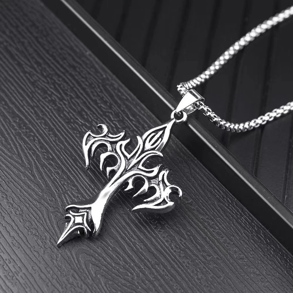 Modische Vintage Flammenkreuz-Anhänger Halskette für Damen und Herren, Lange Kette, Punk Goth Trendige Accessoires, Choker Gothic Schmuck – Detail 5