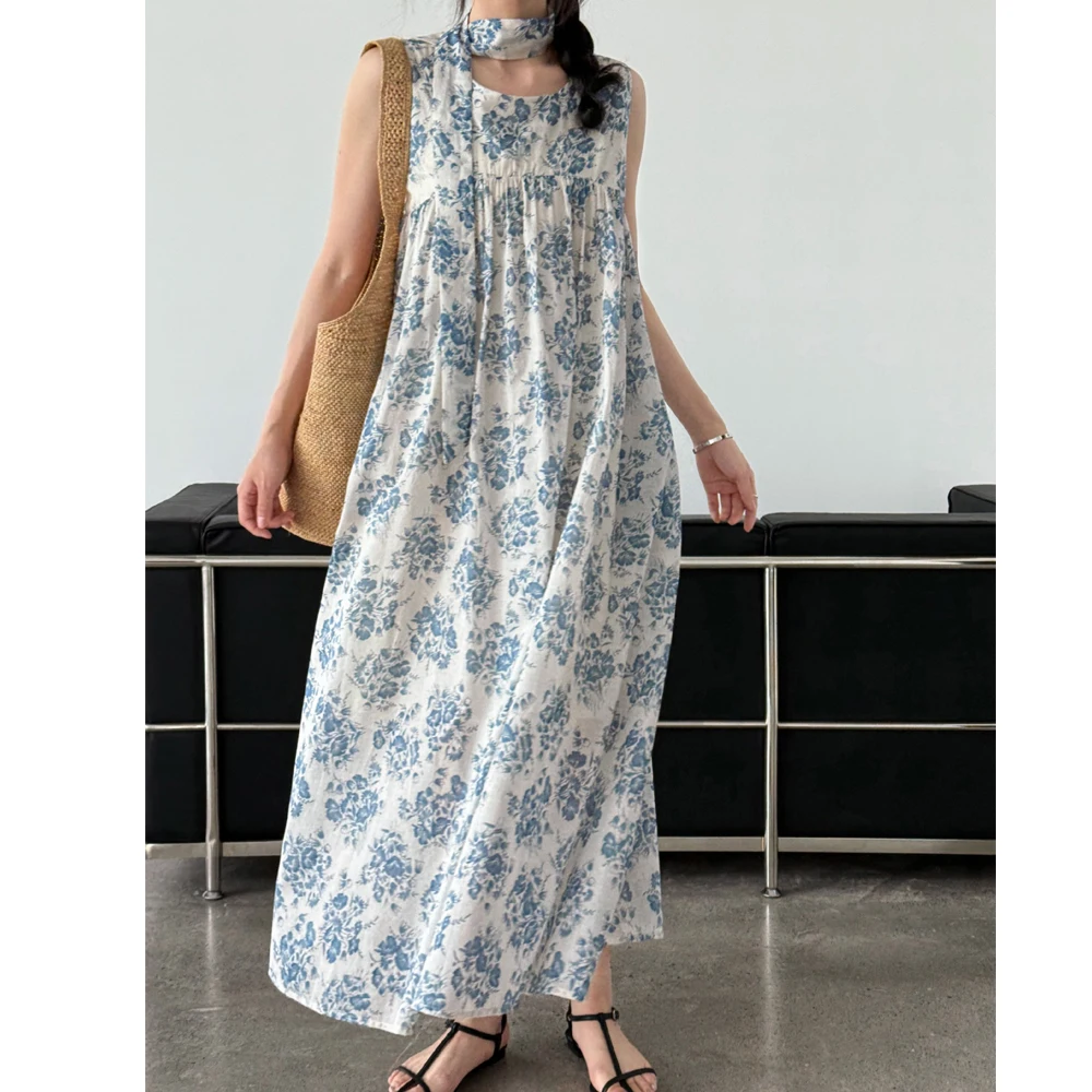 Abito lungo estivo da donna in cotone 100% con stampa floreale senza maniche stile ampio elegante abito Boho maxi abiti abiti da donna