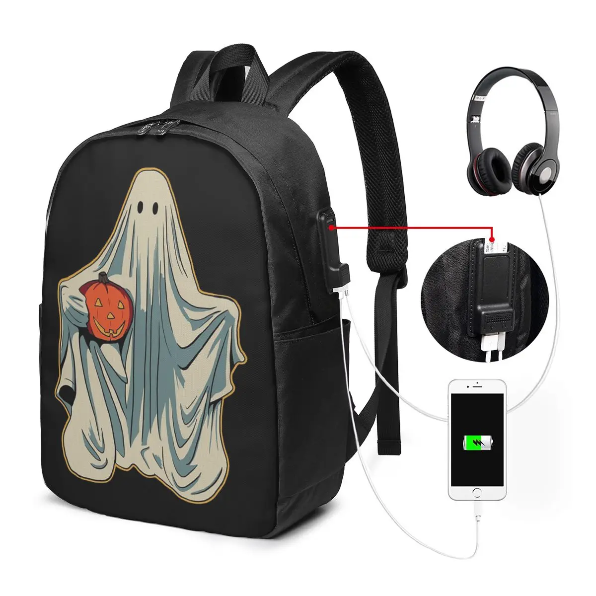 Cute Ghost Take Pumpkin Halloween Backpack Travel Notebook Bag Computer College Student School Bag Laptop Shoulder Bags