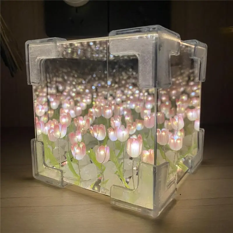 DIY 3D Decorative Mirrors Cube Shape Night Light Tulip Flower Sea Environmentally Friendly Safety Warm Atmosphere Home Decor