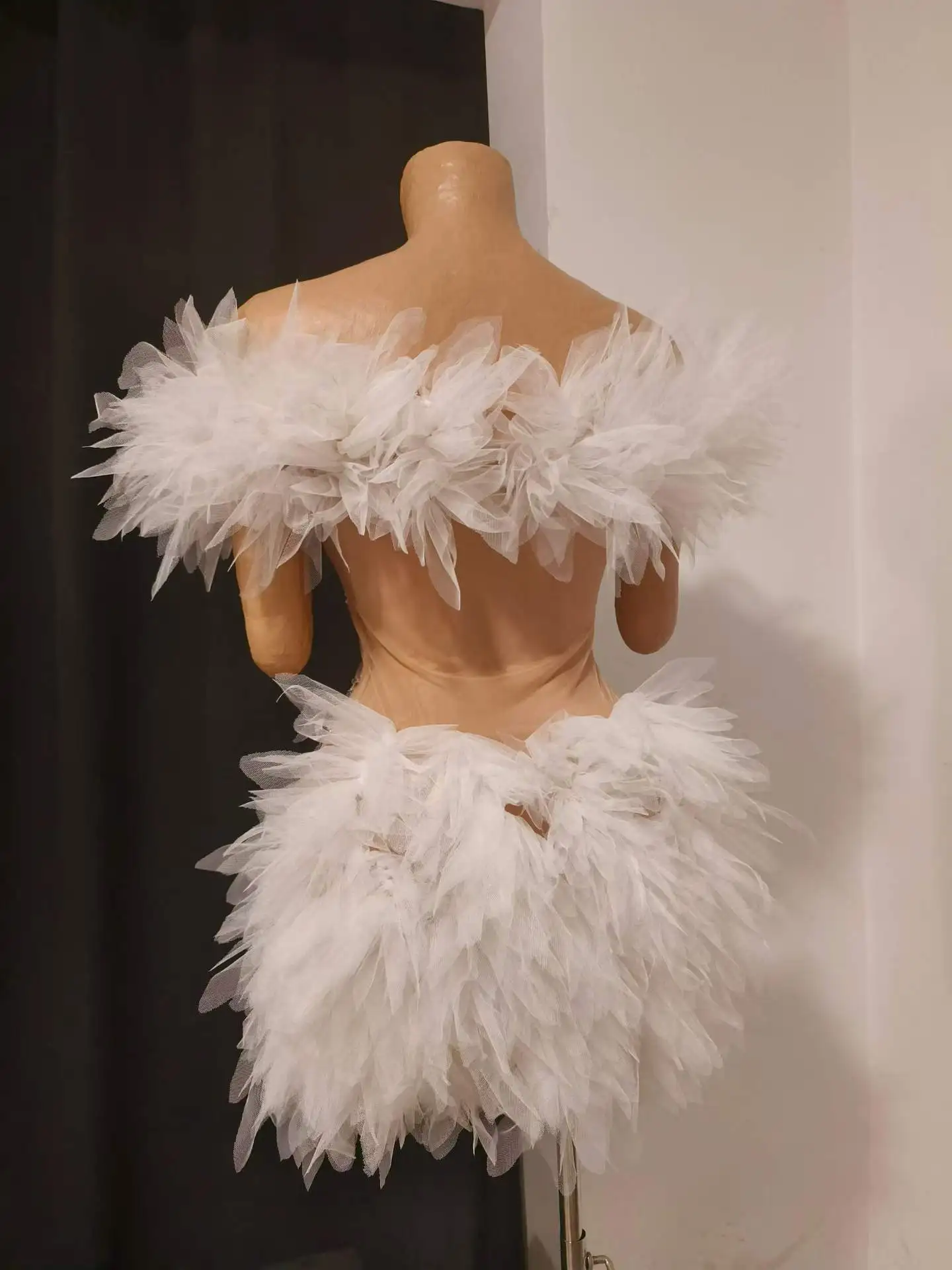nightclub bar female singer yarn making feather breast dress shuimian short skirt mesh perspective