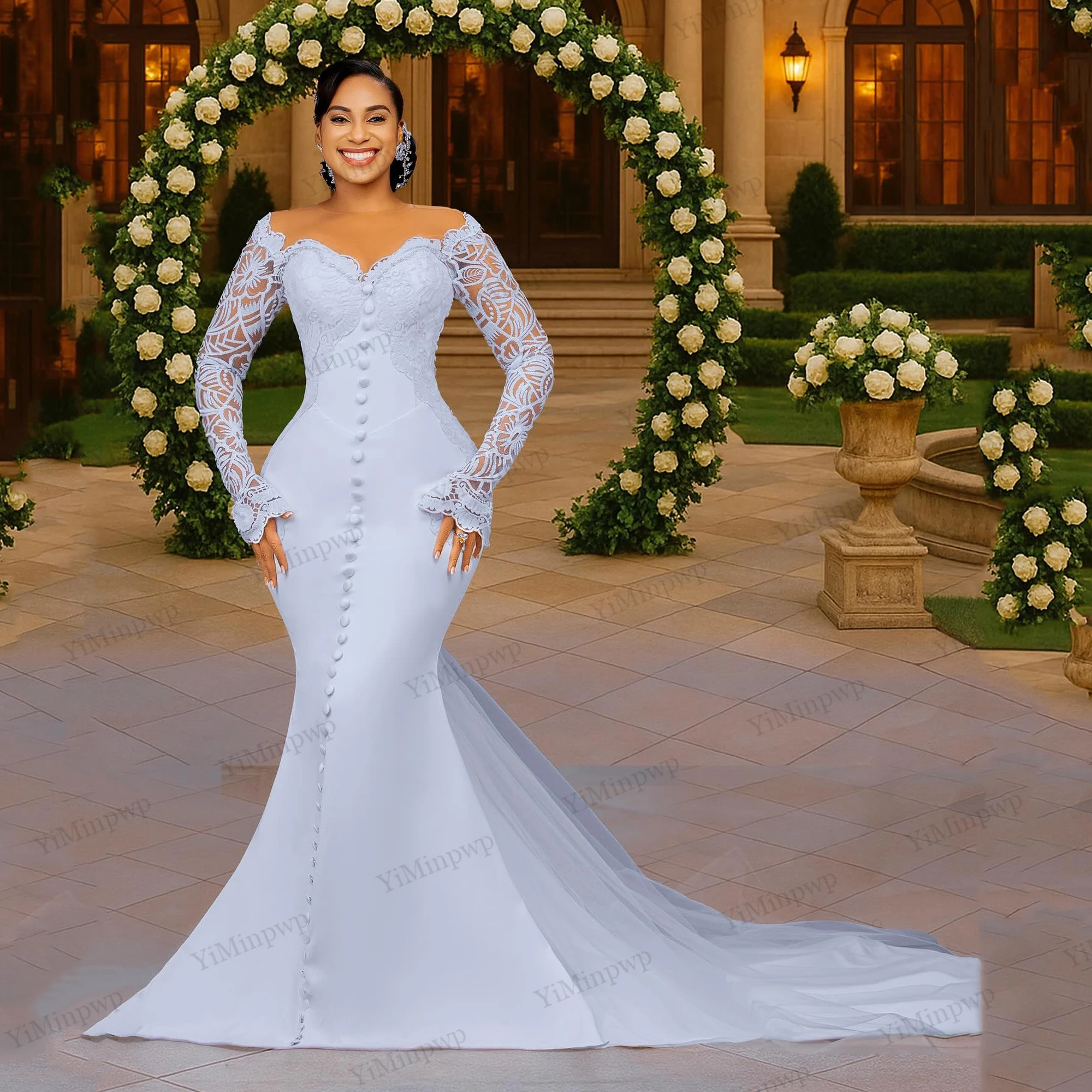 

Mermaid Satin Wedding Dresses With Sleeve O-Neck Applique Button Backless White Ivory Bride Gowns For Black Women Customized
