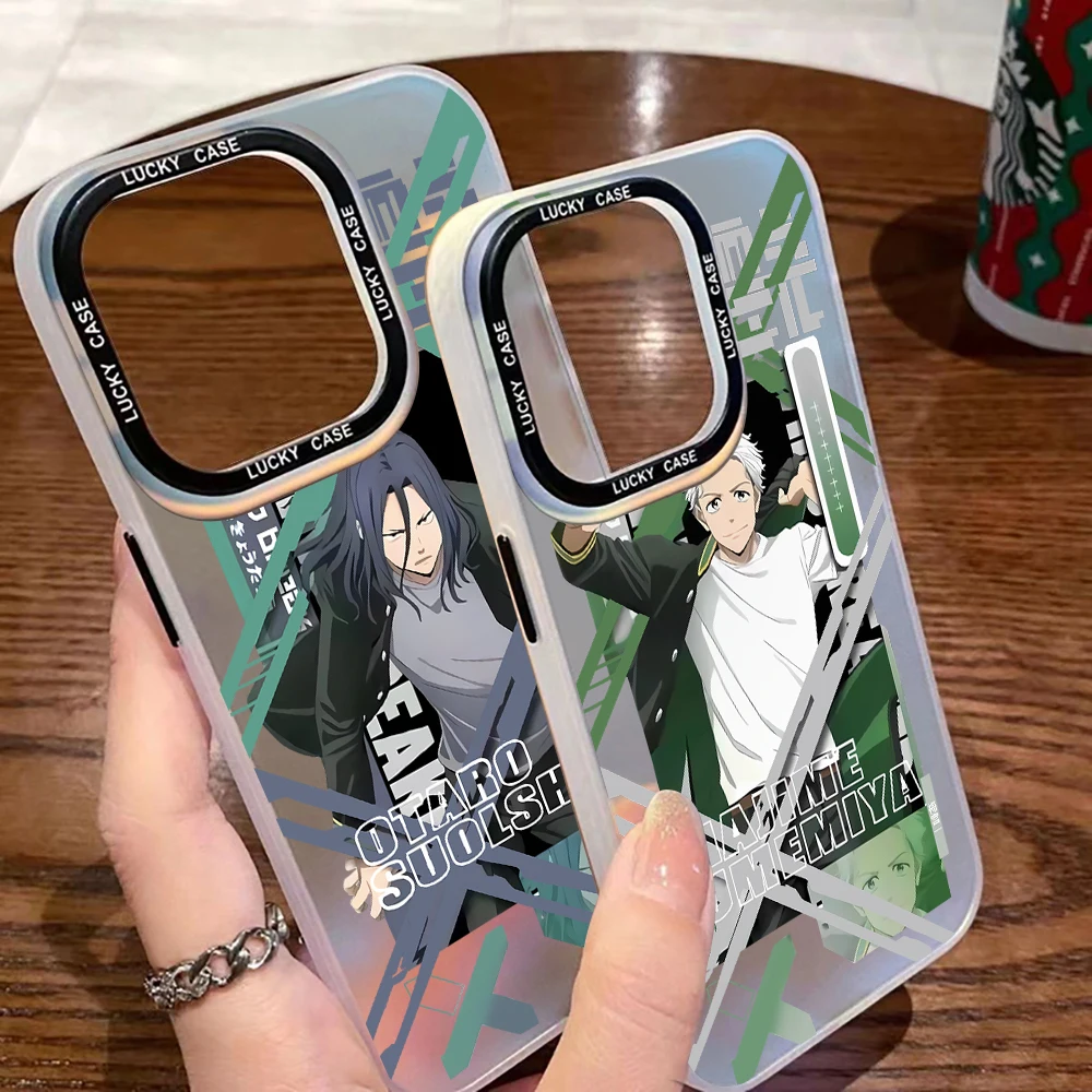 Casing ponsel Anime pemutus angin, penutup mewah gradien Laser Aurora Matte untuk IPhone 15 14 13 12 11 Pro Max X XR XSMax 7 8 Plus