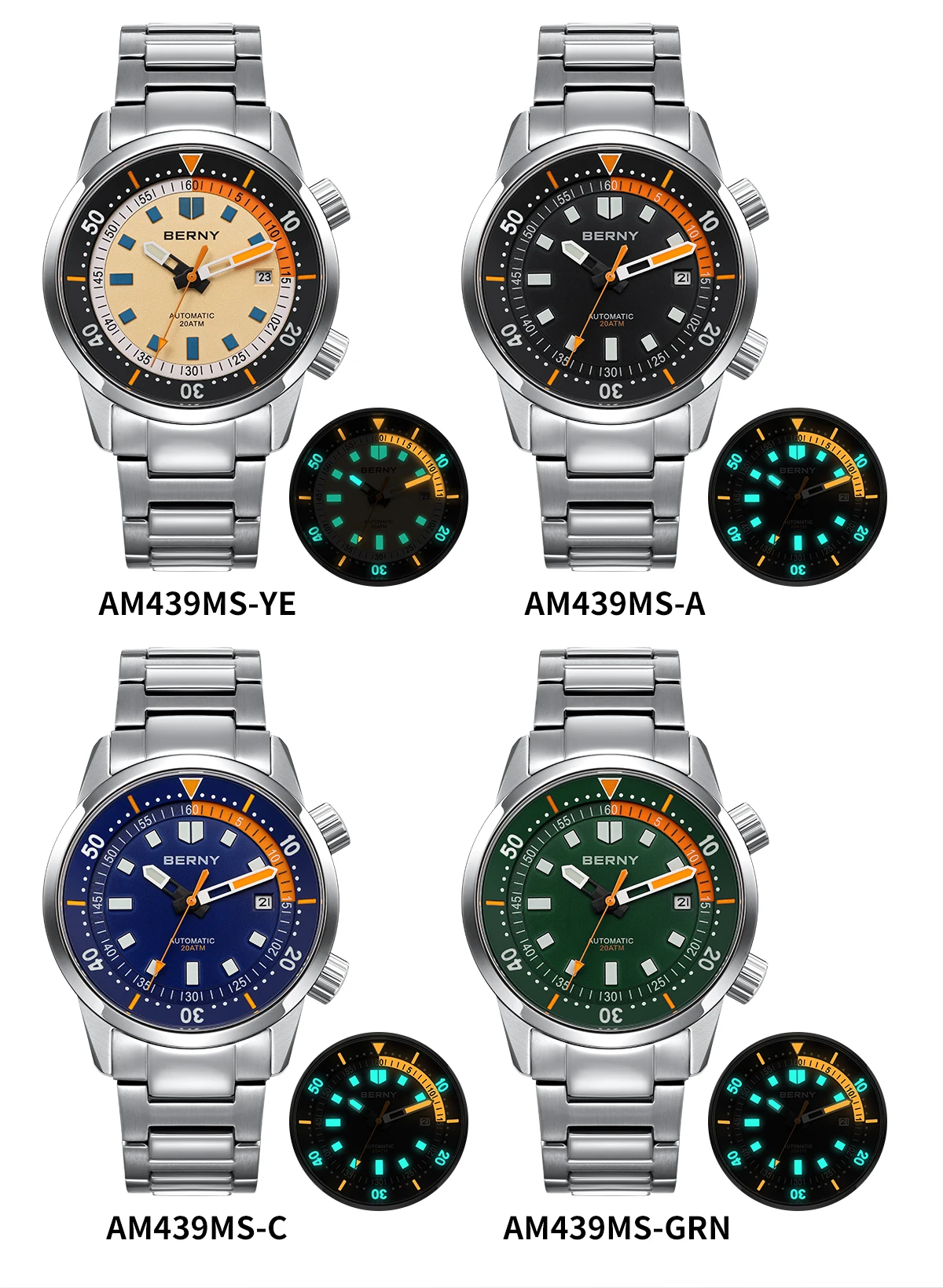 BERNY Automatische Taucheruhren für Herren, 20 ATM, superleuchtende mechanische Herren-Taucheruhr, Saphirglas, komplett aus Edelstahl – Detail 13