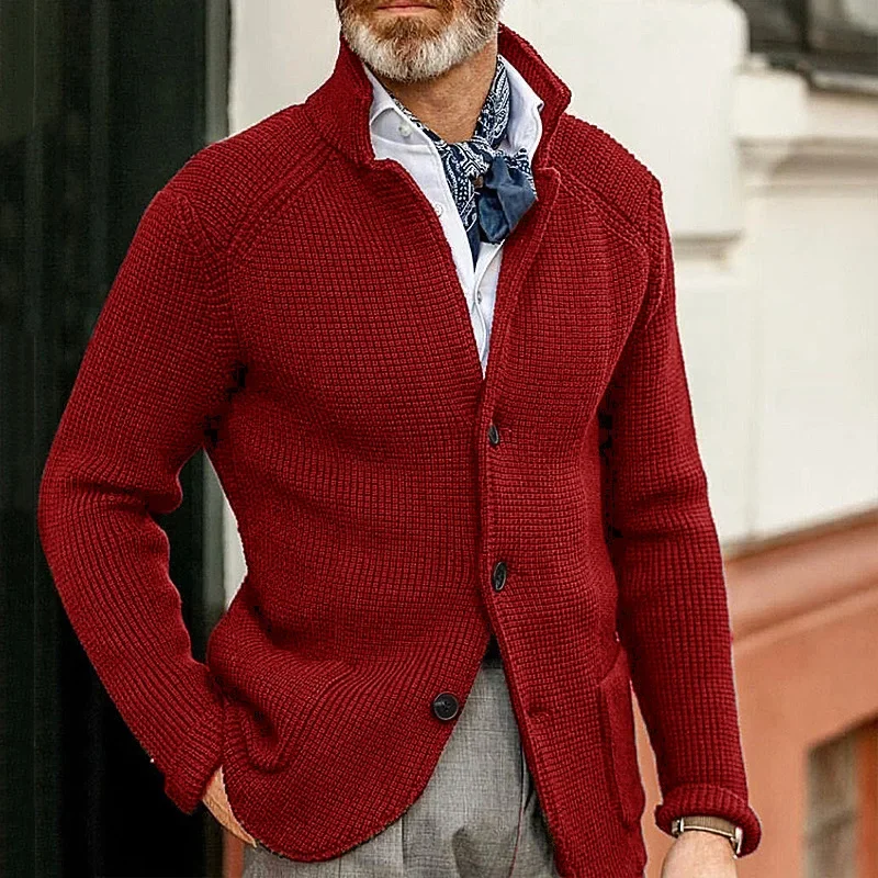 Autumn Winter Men's Slim-fitting Stand-up Collar Knitted Cardigan Sweater Knitted Jacket Pockets Solid Color Button