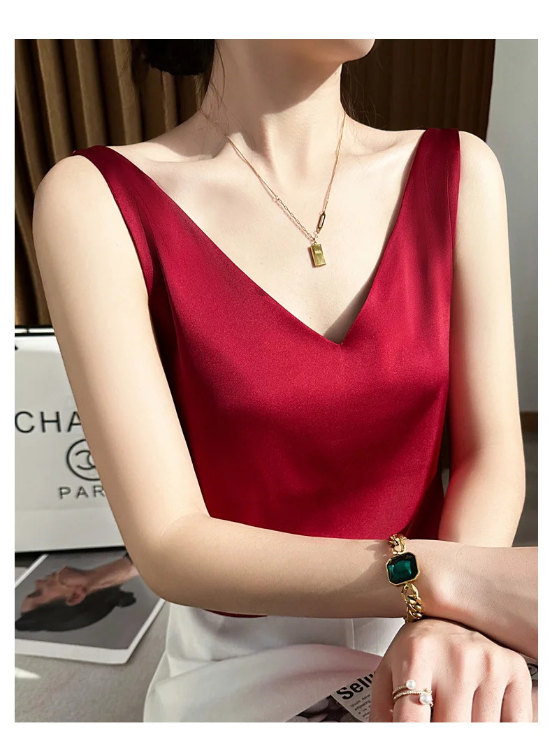 Seidensatin-Damen-Tanktop mit doppelter Schulterpartie, V-Ausschnitt, ärmelloses Top, T-Shirt, elegantes Crop-Top, solide, lässig, Basic, 2025, Sommer – Detail 21