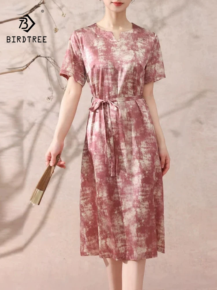 

BirdTree-89.9%Silk 10.1%Spandex Women Elegant Dress, O Neck Short Sleeve Print, Mom Retro Satin Dress, 2026 Spring New D63465CC
