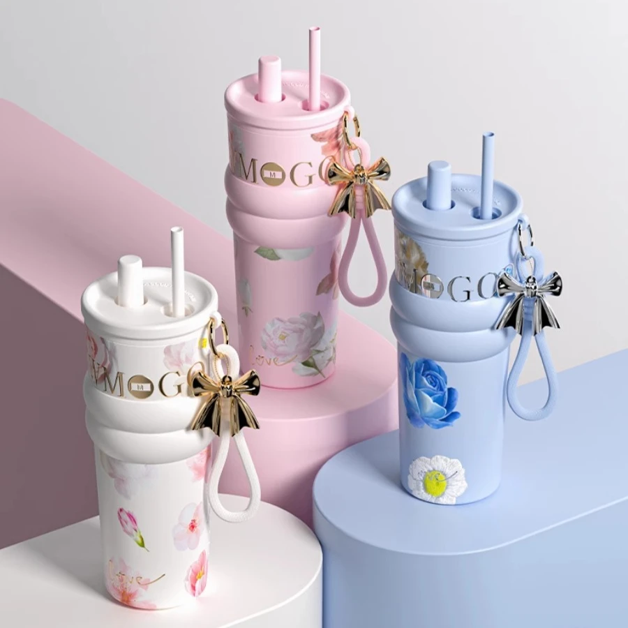 

New women's high-color printing straw insulation cup design sense of light luxury large-capacity stainless steel water glass