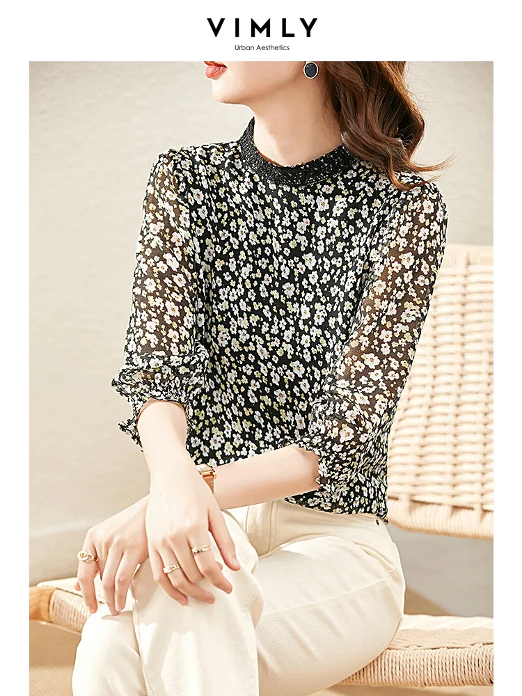 Vimly Vintage Floral Printed Chiffon Blouse Women 2023 Lace Stand Collar Three Quarter Sleeve Womens Tops Female Clothing V1122