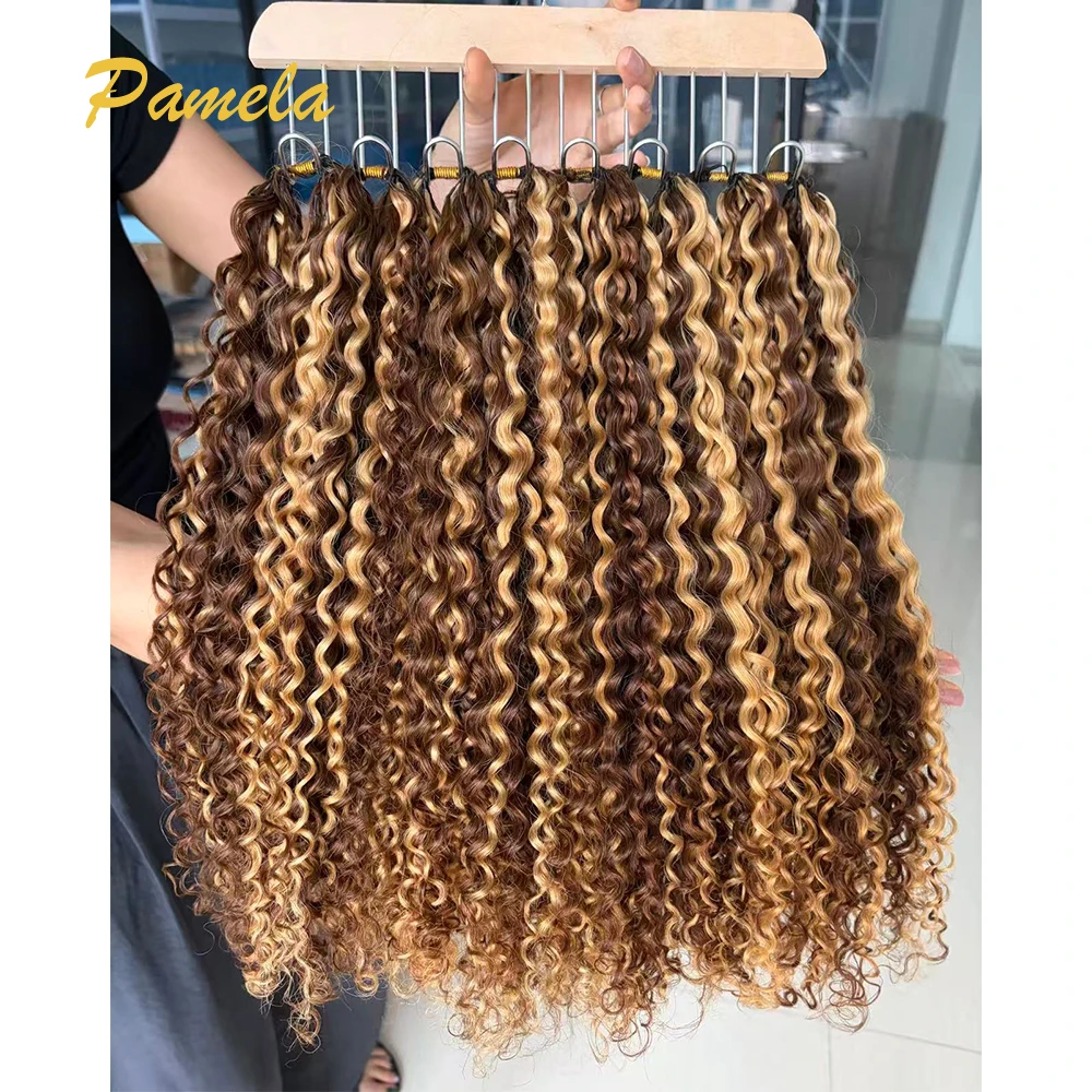 Highlight Colored Feather Crochet Hair 4/27 Colored Curly Pre Looped Pre Separated Knotless Crochet Human Hair For Woman image 2