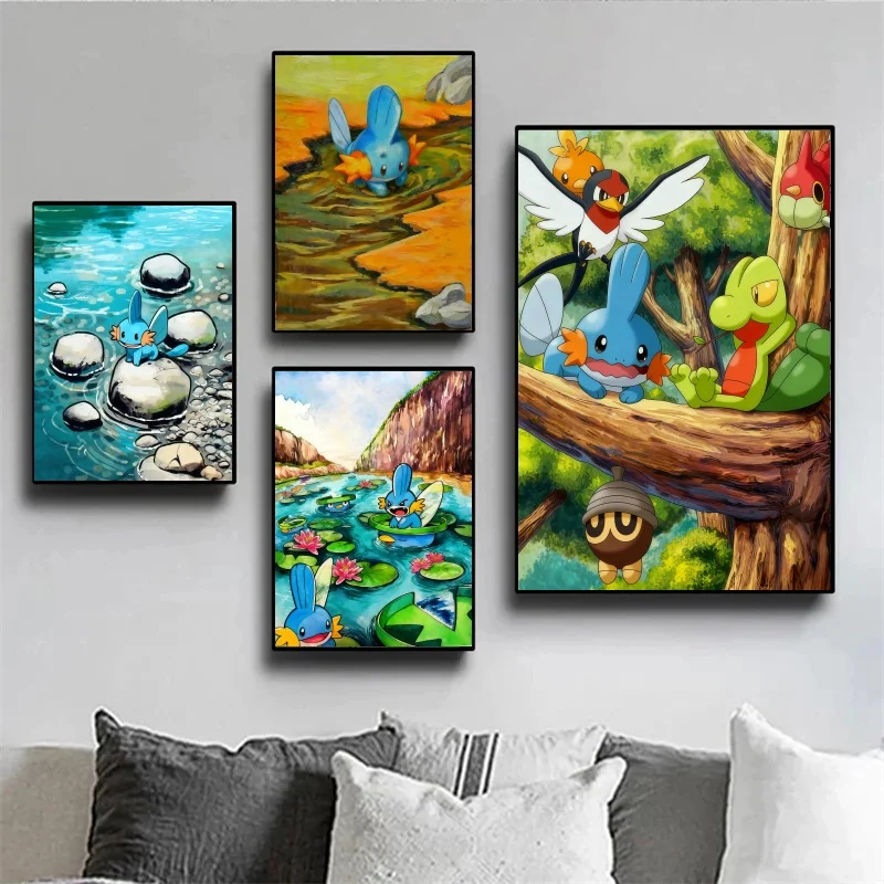 Peinture sur toile de dessin animé Pokémon Mudkip, naturel vif, ensemble d'art mural de scène pour la décoration de la maison, cadeau délicieux pour les fans de Pokémon
