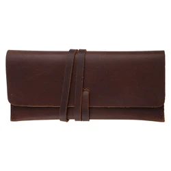 Handmade Cowhide Leather Pen Bag Retro Vintage Roll Pencil Case Pouch Office School Stationery