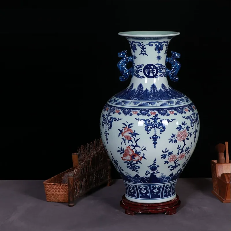 47cm/Jingdezhen Antique Blue and White Porcelain Hand-Painted Large Vase Ceramic Chinese Style Living Room Foyer Antique Shelf D