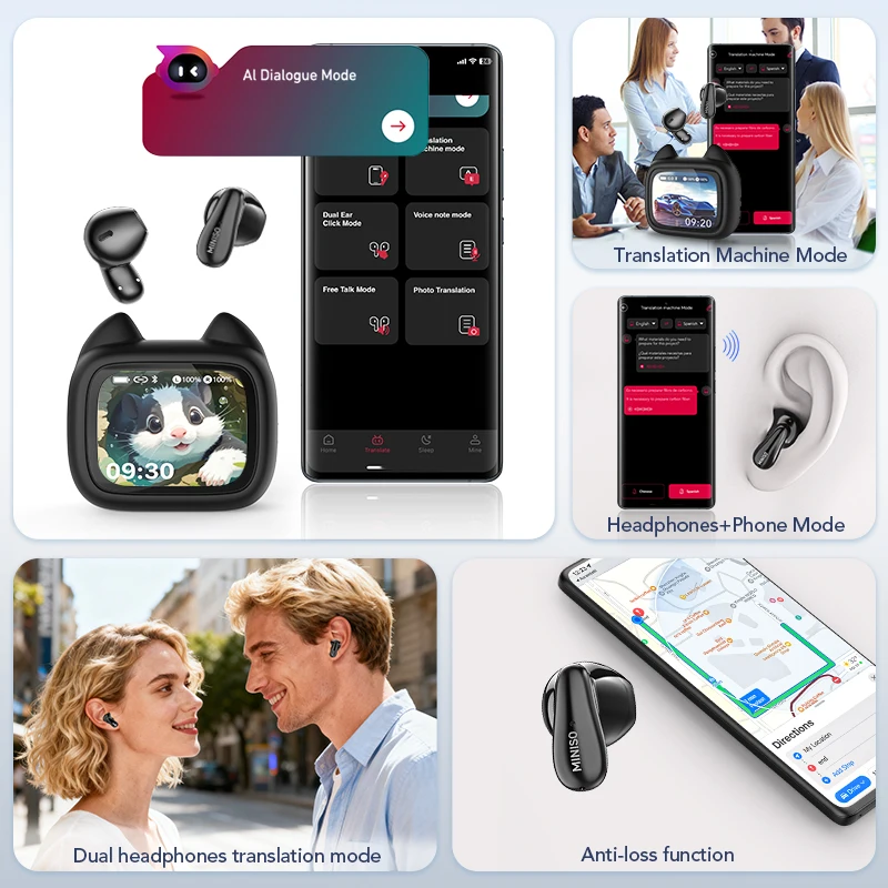 MINISO Touch Screen AI Translator Earbuds Business Real Time Translation Wireless Headphones Anti-Loss Travel Earphones MS102