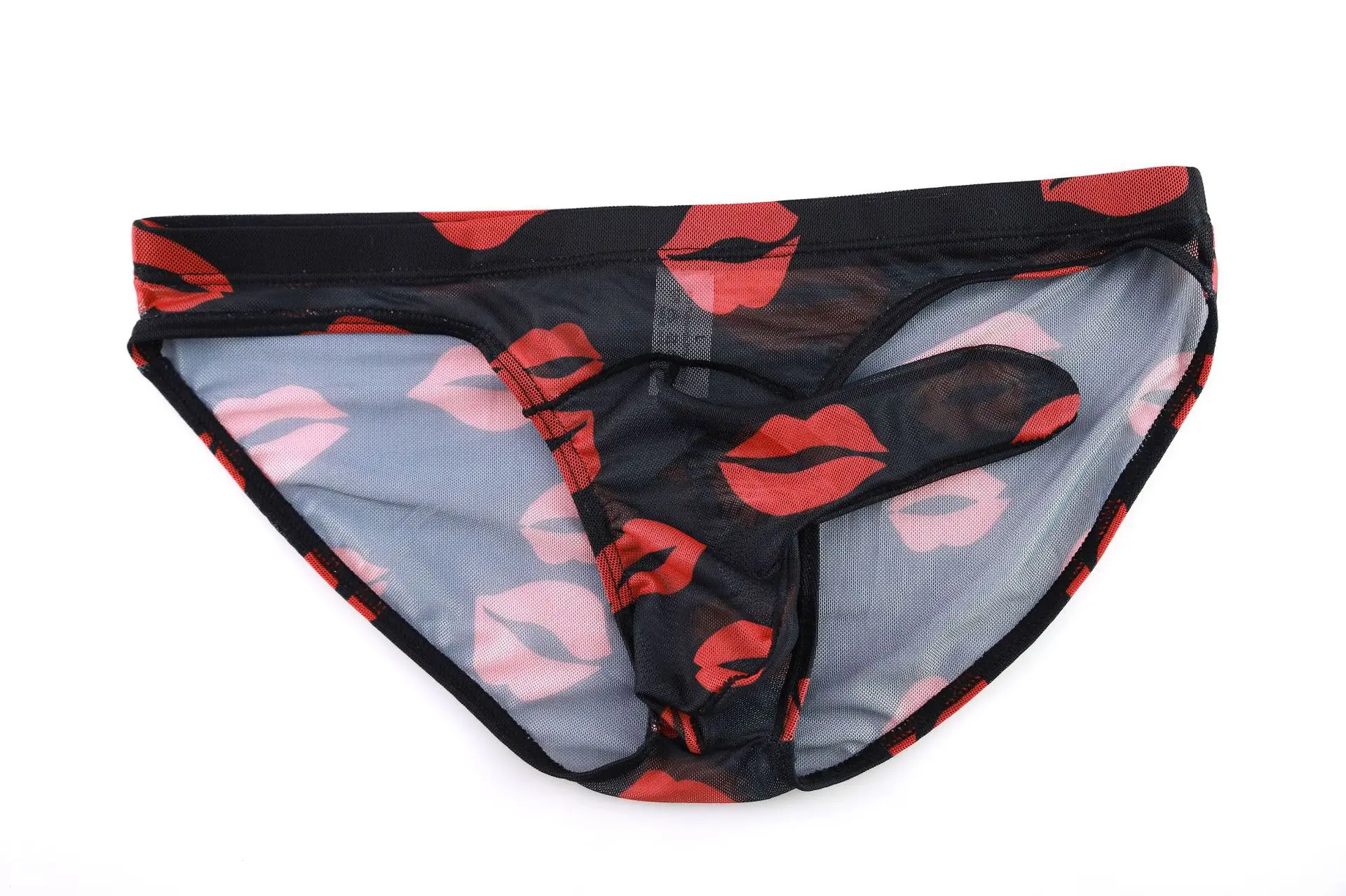 Men's Mesh Elephant Nose Briefs, Lip Print Sexy Erotic Underwear