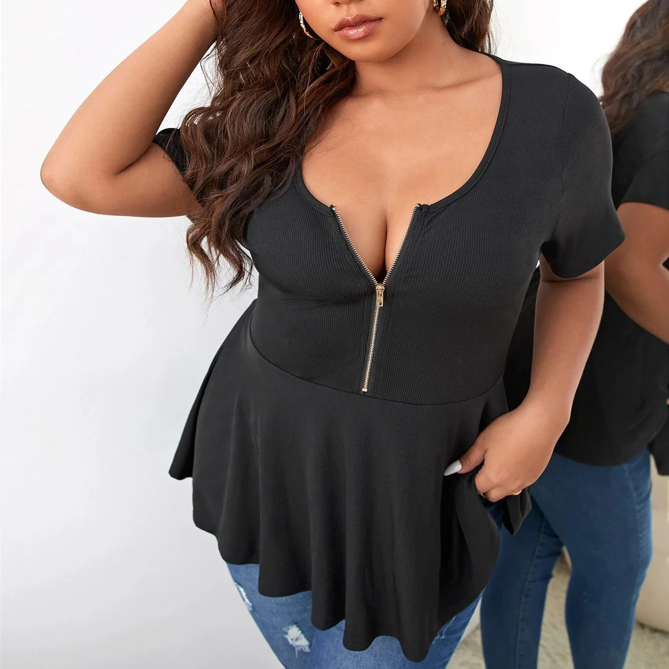 

Women Plus Size T-Shirts 2025 New Female Short Sleeve Zipper Closure Solid Summer Tops Streetwear for Casual Daily Loose Tops