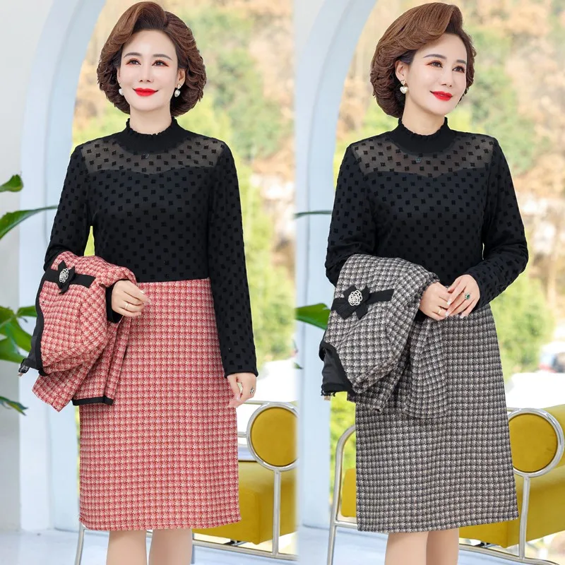 Office Ladies 2 Piece Dress Set Women Fall Elegant Long Sleeve Cropped Jacket And Vintage Slim Ol skirt Large Size Suit Female