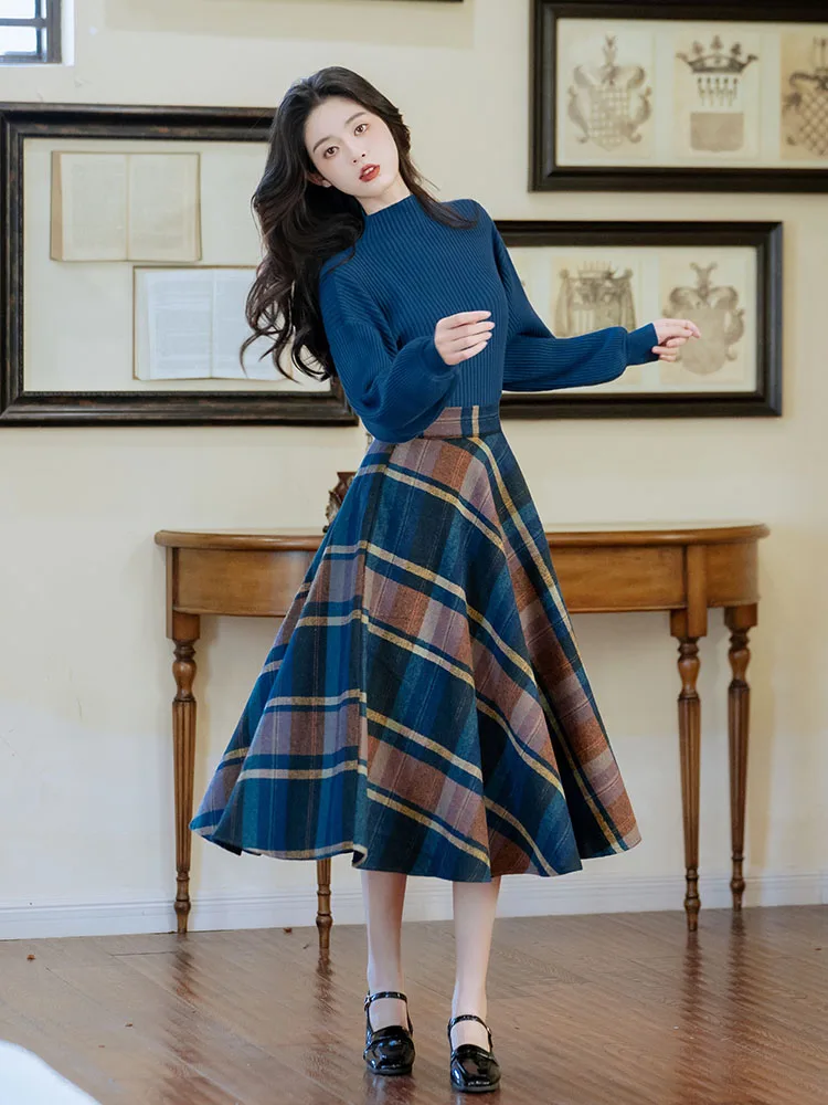 Vintage Elegant Two Piece Skirt Set Women Spring Autumn Long Sleeve Blue Sweater and Long Skirts Winter Outfits