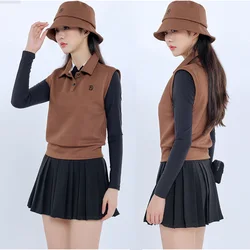 DK Autumn Ladies Sleeveless Knitted Golf Shirt Slim Keep Warm Vest Women Pleated Slim Skirt High Waist Soft Skort with Small Bag