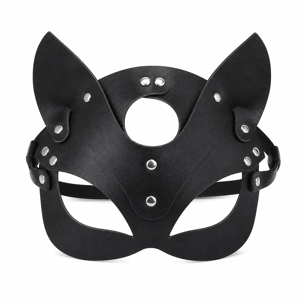 Cat Half Face Mask PU Leather Opera Style Masquerade Halloween Cosplay Party Costume Accessory For Adults Stage
