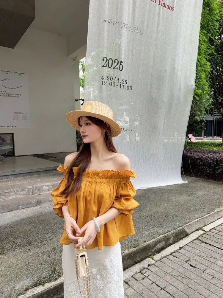 

Повседневный льняной топ Outsider Laid-ba на одно плечо, приталенный, с рукавами-фонариками, стандартной длины, однотонный, с защитой от УФ-излучения