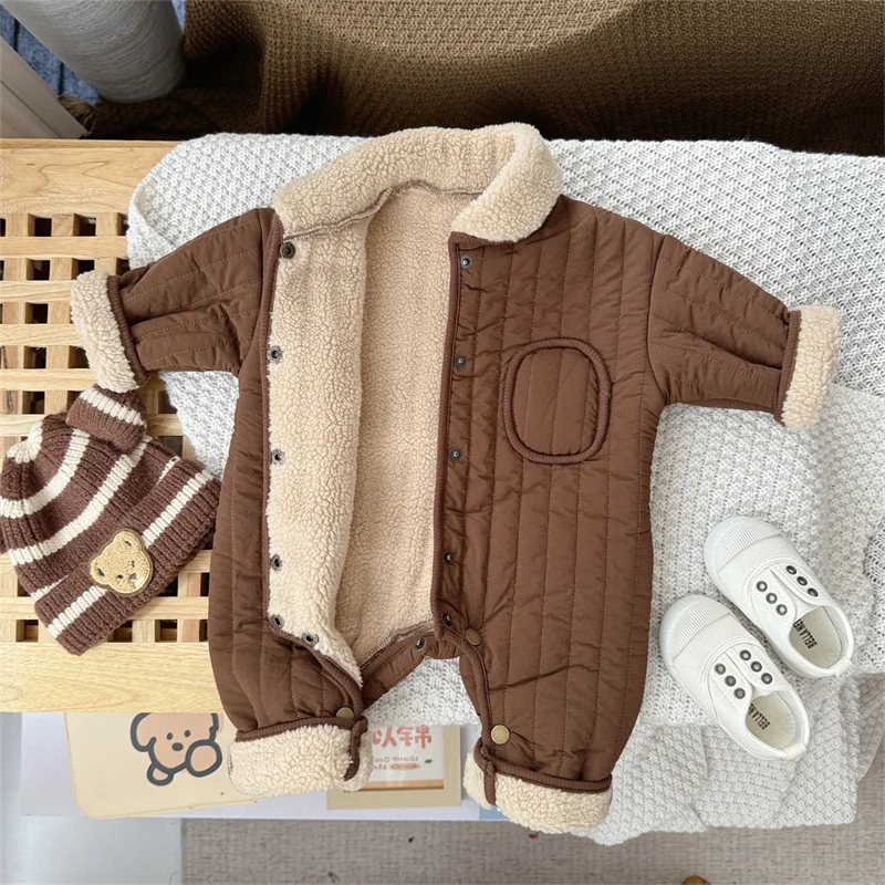 Kids Winter Plush Jumpsuits Newborn Casual Outdoor Comfortable Thick Warm Romper Baby Daily Thermal Hooded Windproof Overalls