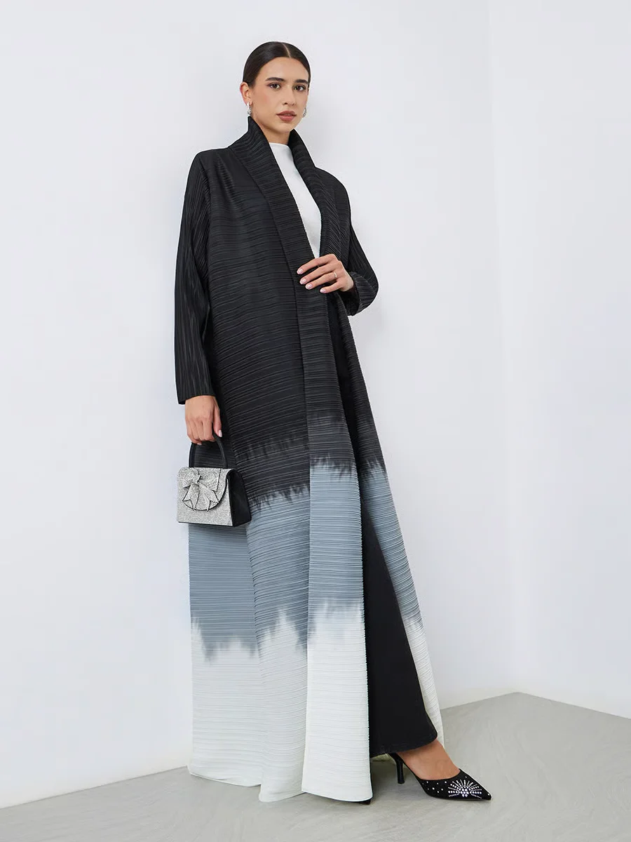 Fold Black White Gray Gradient Pleated Abaya Belted Waist Soft Fabric Elegant Robe 2025 Trendy Casual Daily Wear Chic Ensemble
