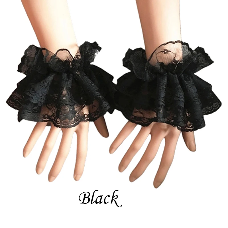 2Pcs/Pair Lolita Hand Sleeve Wrist Cuffs Ruffled Floral Black Lace Elastic Bracelet Elegant Women Girls Wrist Warmers Gloves