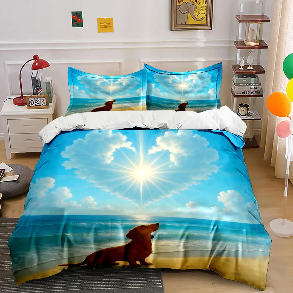 A dog gazing at heart-shaped clouds on the beach Print Bedding set 3PC 1 duvet cover 2 pillowcases adult children Luxury gift