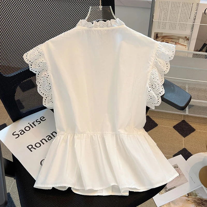 Flying Sleeve Ruffled Lace Shirt Women Summer New Elegant Sleeveless Tops Casual Slim Button Vintage Blouse Woman Fashion 27709