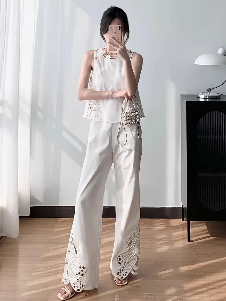 Women Wide Leg Long Trousers or Sleeveless O-Neck Vest Cotton Blends White Embroidery Hollow Out Set