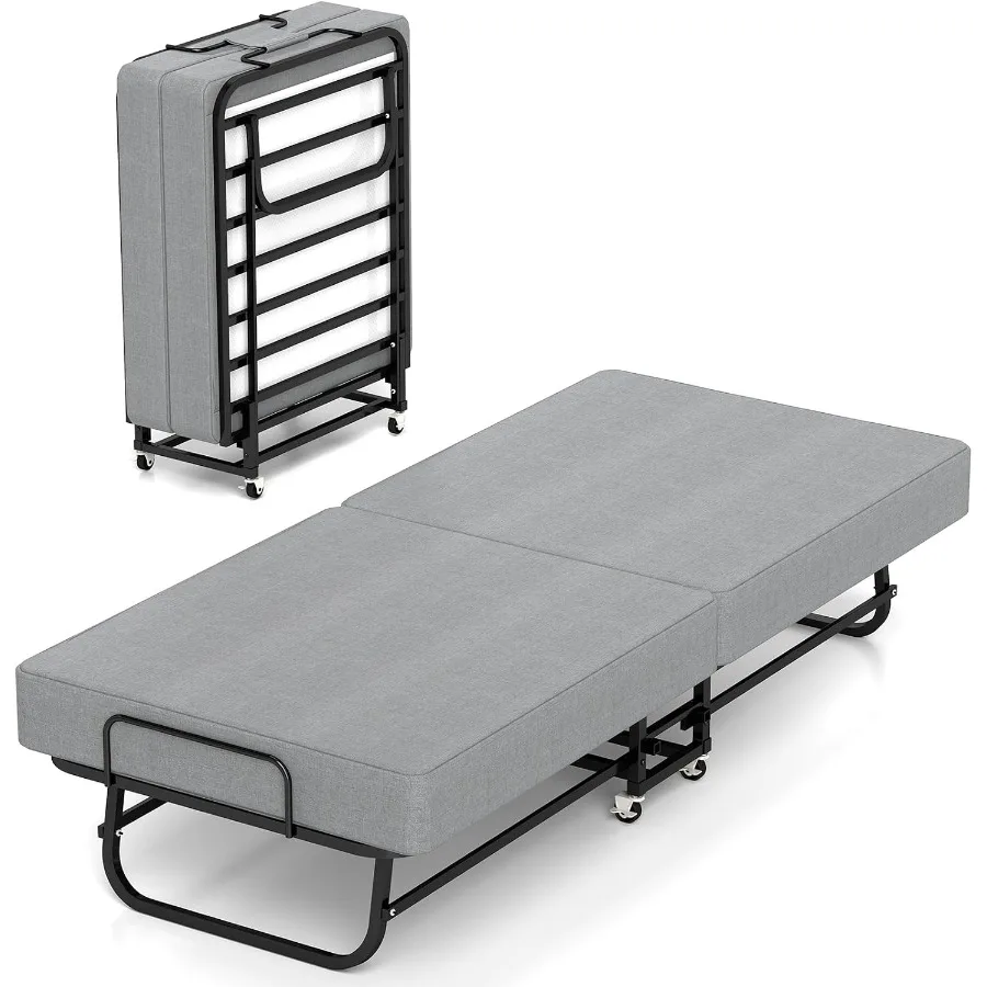 Rollaway Bed with Mattress for Adults, Folding Portable Guest Bed with Wheels, Foldable Metal Frame, Space-Saving Design, Easy