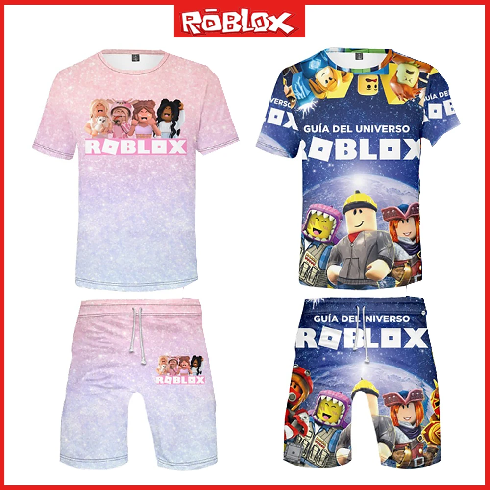 

2023 Roblox Summer Thin Printed Boy and Girl Pure Summer Cotton Two Piece Student Cartoon T Shirt Casual Shorts Set Birthday