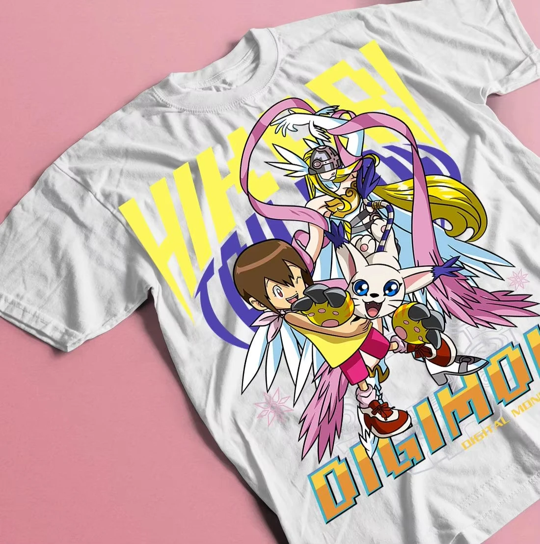 Camiseta de algodón oversize con gráfico retro de anime japonés de Digimon Adventure Hikari Tailmon Angewomon, estilo Y2K streetwear