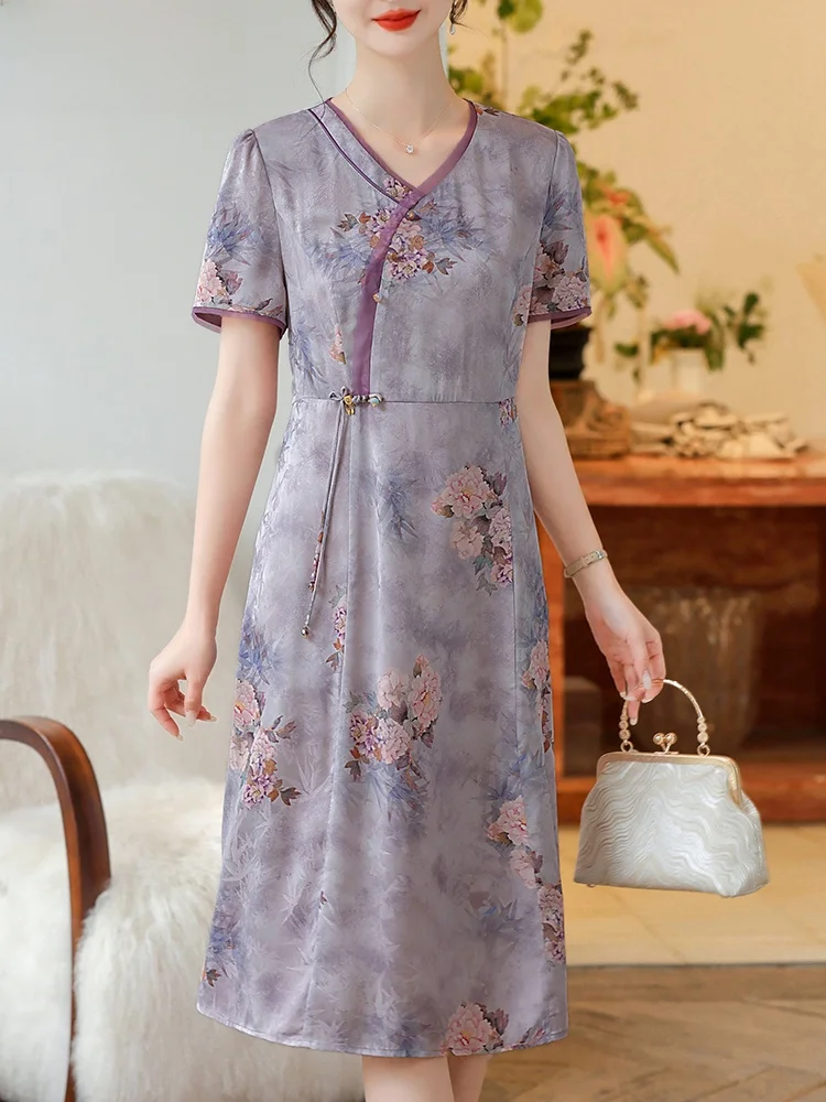 

New 2025 Summer Faionable Midi Dr for Mom Floral Embroidery Chinoiserie Qipao Sle Floral Print Casual Wear for Middle-...
