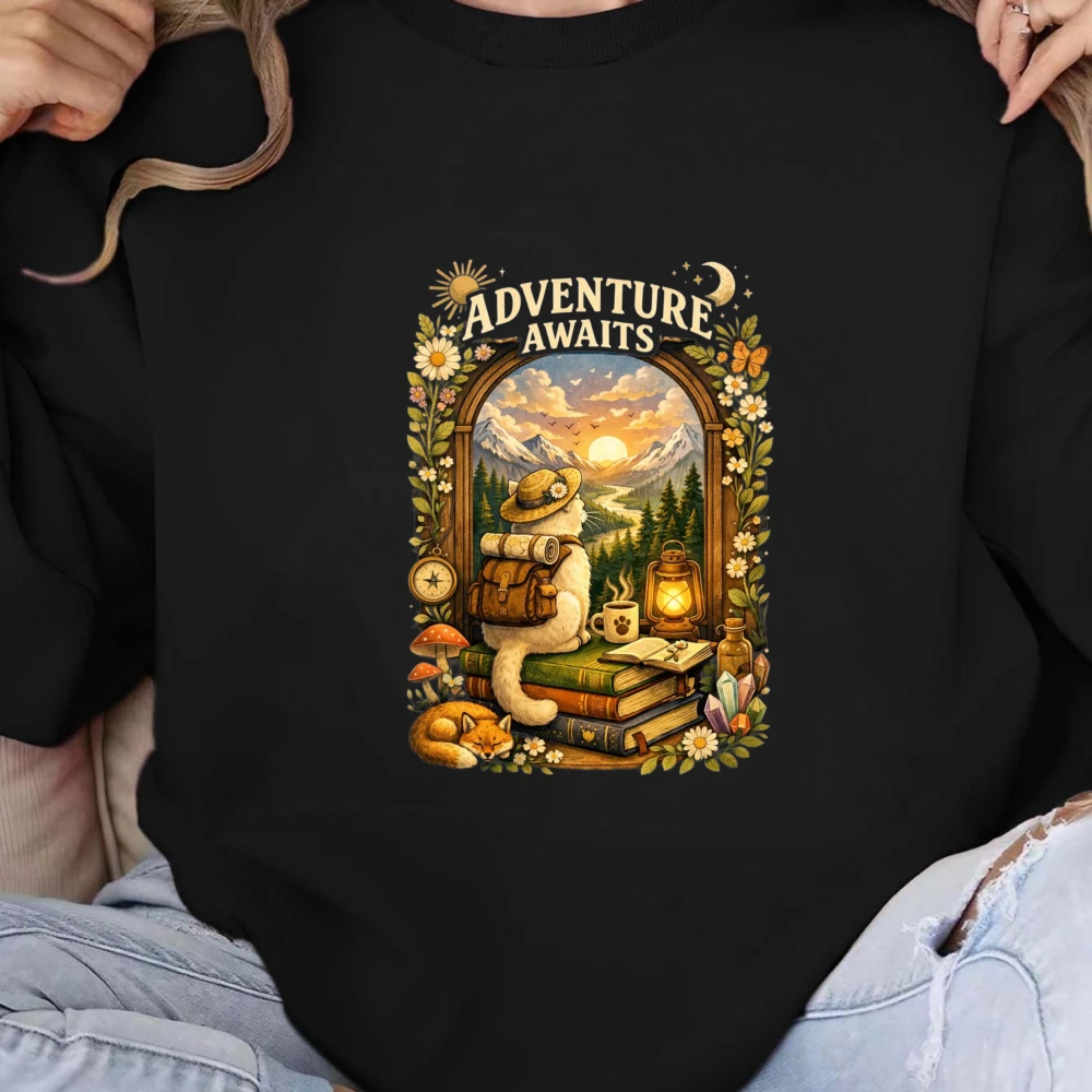 Adventure Awaits Cat Hiking Graphic T Shirt Casual Short Sleeve Cotton Oversized Crewneck Tee for Cat Lover Gift Top