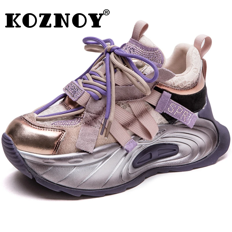 

Koznoy 6cm Air Mesh Leather Pigskin Women Chunky Sneaker Comfy Booties Mixed Color Fashion Summer Spring Ankle Boots Flats Shoes