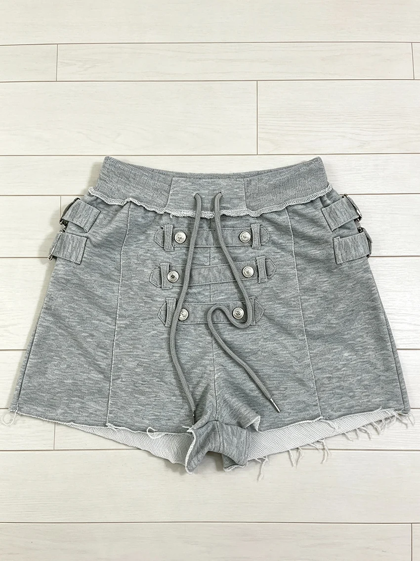 Y2K E-girl Women Raw Hem Sweat Shorts Multi Button Decor Straps Drawstring Waist Fashionable Gothic Punk Harajuku Casual Shorts