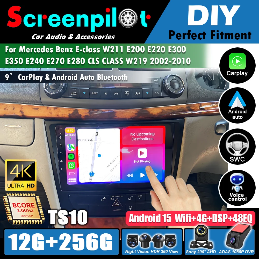 Android 16CarPlay Auto Car Radio For Mercedes Benz E-class W211 E200 E220 E300 E350 E240 E270 E280 CLS CLASS W219 2002-2010 WiF