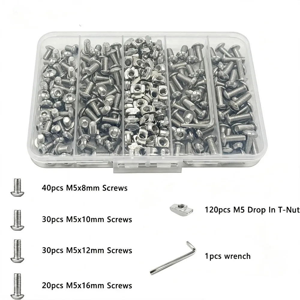 240Pcs M5 T Nut Screw Kit for 2020 Aluminum Extrusion M5x8/10/12/14mm Hex Socket Screws Drop-in T-Nuts Equipped with Hex Wrench
