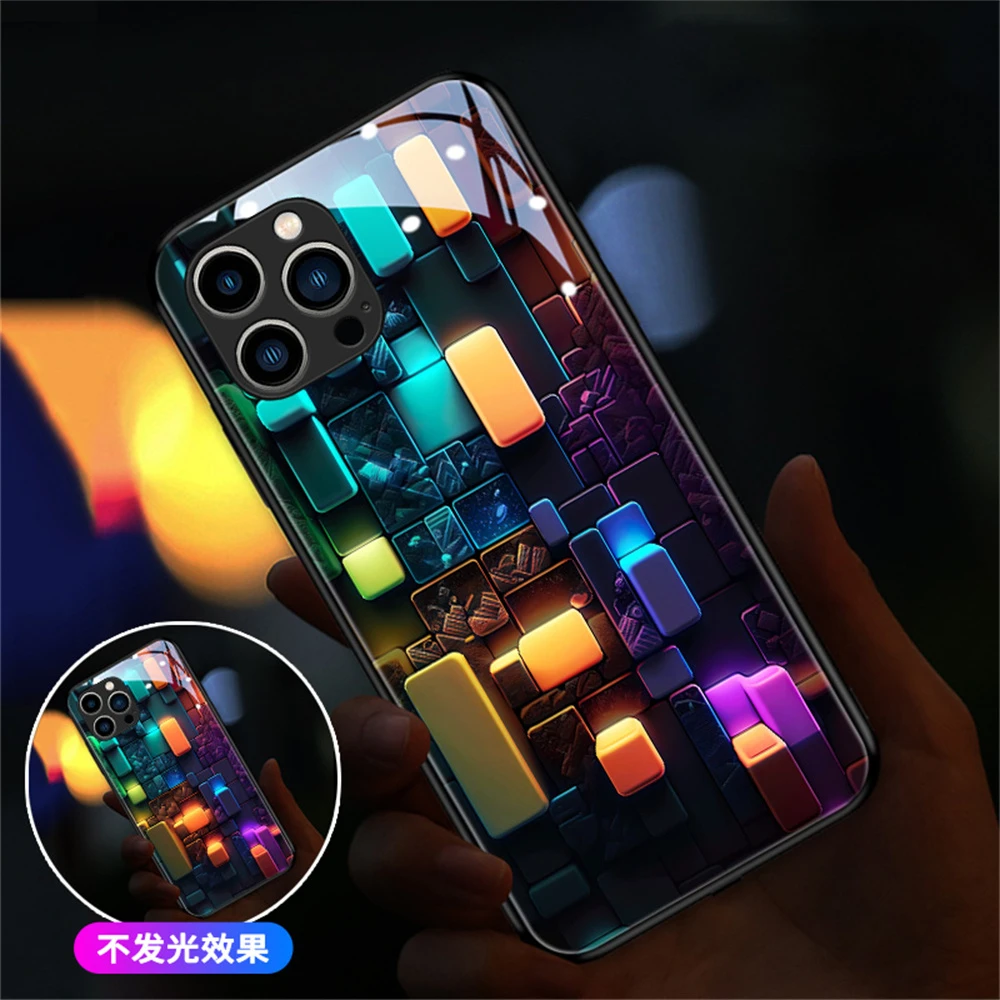 Pretty Colored Bricks Design Smart LED Light Glow Tempered Glass Phone Case For iPhone 16 15 14 13 12 11 Pro Max X XR XS SE2020