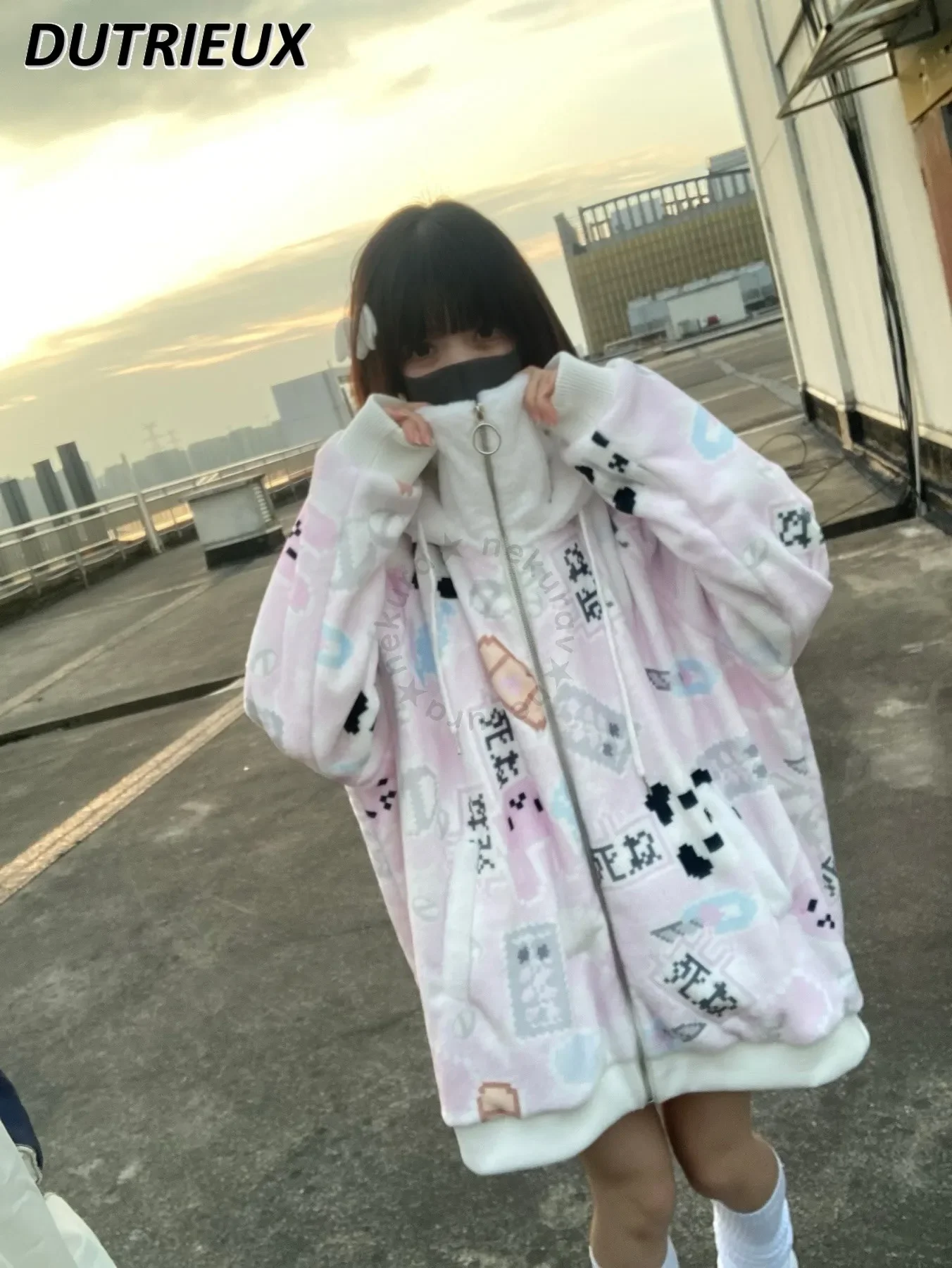 

Pink Flannel Stand Collar Hooded Cat Ear Coat Mine Series Japanese Style Long Sleeve Sweet Girl Loose Zipper Cardigan Outerwear