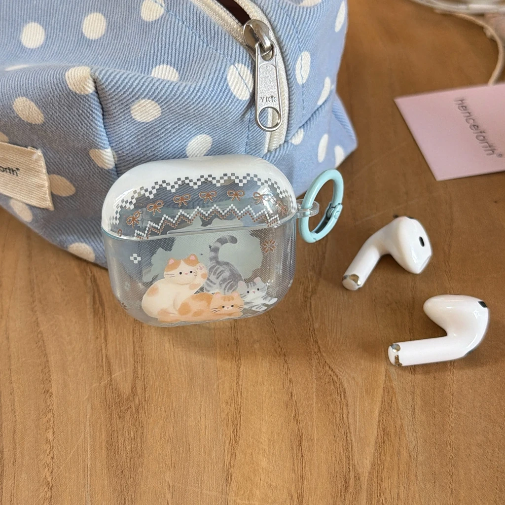 Cute Fun Three Cat Blue Transparent Bowknot With Hook Earphone Case Cover for AirPods 1 or 2 3 4 5 Pro2 Pro3
