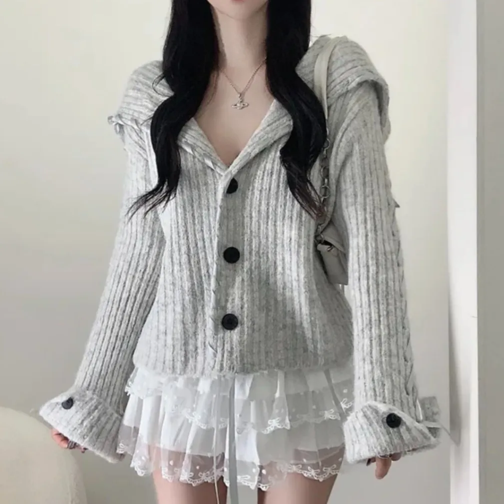 

Chic Early Spring Knitted Open Cardigan Large Collar Loose Single Button Bow Design Soft Long Sve Casual Sle Women's Swe...