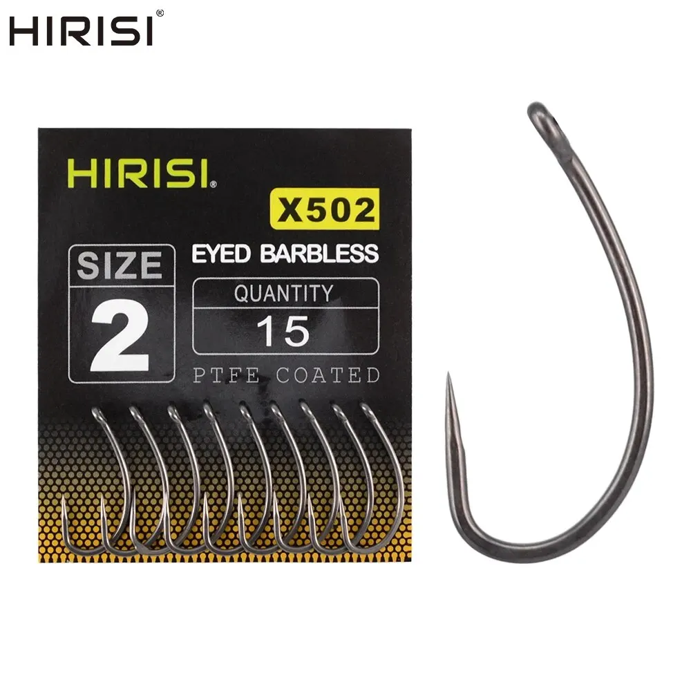 Hirisi 15pcs PTFE Coated High Carbon Stainless Steel Barbless Fish Hook With Eye X502 Fishing Accessories