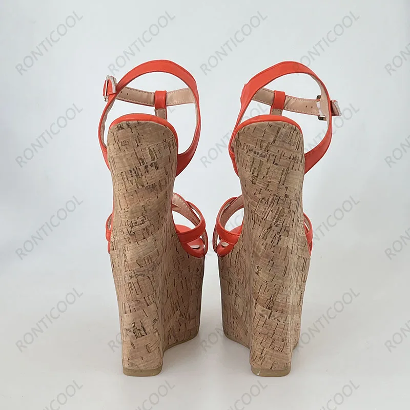 Ronticool Handmade Women T-strap Sandals Ultra High Wedges Heels Round Toe Classics Black Dress Shoes Ladies US Plus Size 5-15