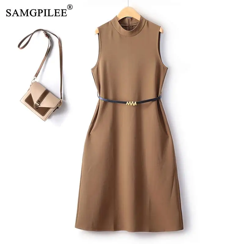 

Elegant Party Dresses For Women 2023 Autumn New Sleeveless Hepburn Style Korean Fashion Belt Over The Knee Female Dress 4XL